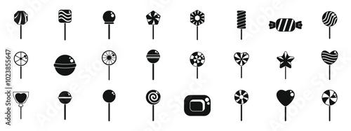 Lolipop icons set. Big set of lollipops icons showing different shapes and swirls for sweet tooths, in black simple style isolated vector illustration