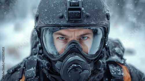 Close-up of soldier wearing gas mask photo