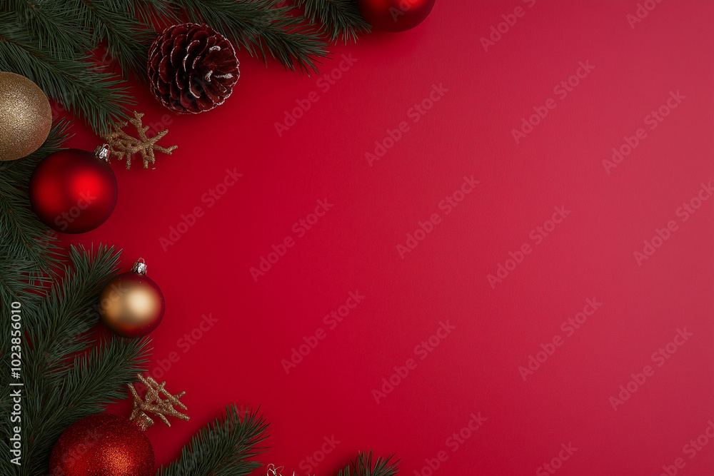 Red, gold, and bronze Christmas ornaments with pine branches against red background. Perfect for festive holiday decor, Christmas cards, or traditional seasonal decorations. Red, gold, and bronze Christmas ornaments with pine branches against red background. Perfect for festive holiday decor, Christmas cards, or traditional seasonal decorations.
