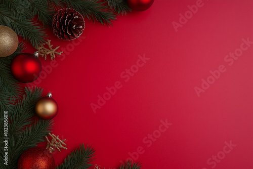 Wallpaper Mural Red, gold, and bronze Christmas ornaments with pine branches against red background. Perfect for festive holiday decor, Christmas cards, or traditional seasonal decorations. Torontodigital.ca