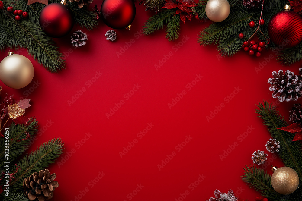 Red, gold, and bronze Christmas ornaments with pine branches against red background. Perfect for festive holiday decor, Christmas cards, or traditional seasonal decorations. Red, gold, and bronze Christmas ornaments with pine branches against red background. Perfect for festive holiday decor, Christmas cards, or traditional seasonal decorations.