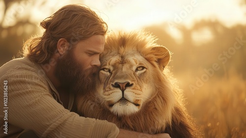 Man hugging a lion in a field. photo