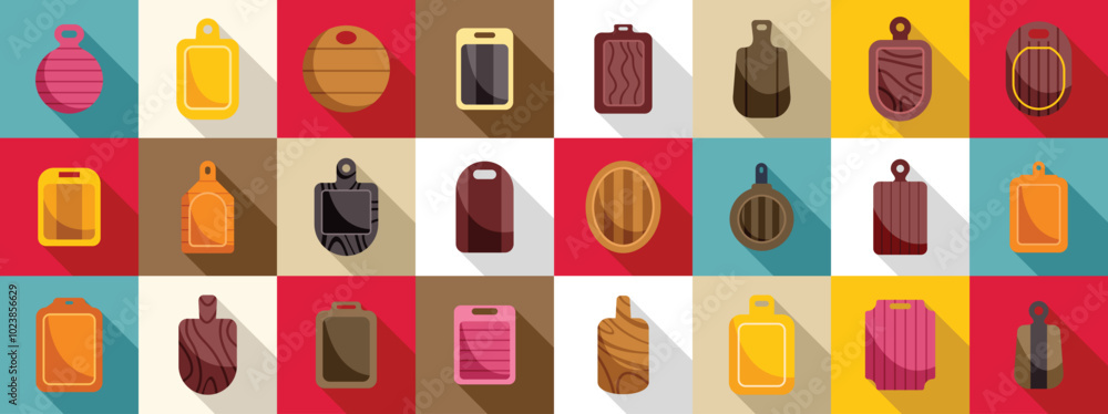 Chopping board icons set. Colorful set of cutting boards in flat style with long shadow for cooking design Chopping board icons set. Colorful set of cutting boards in flat style with long shadow for cooking design