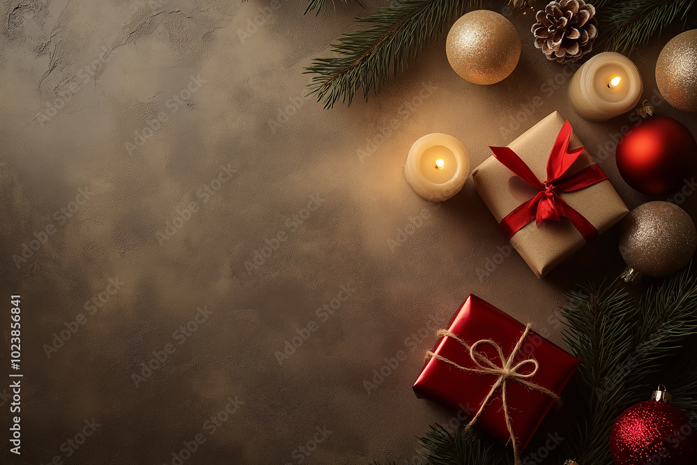 Christmas gift box with red ribbon, candle, and ornaments on brown textured background. Perfect for holiday decor, gift wrapping, and festive seasonal designs. Christmas gift box with red ribbon, candle, and ornaments on brown textured background. Perfect for holiday decor, gift wrapping, and festive seasonal designs.