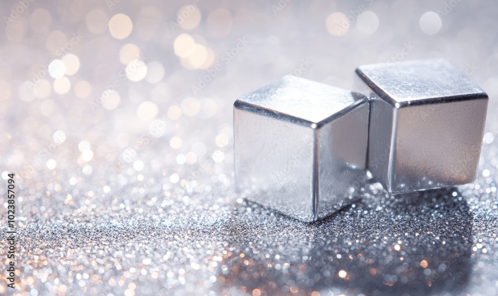 A pair of silver cubes are on a glittery surface A pair of silver cubes are on a glittery surface