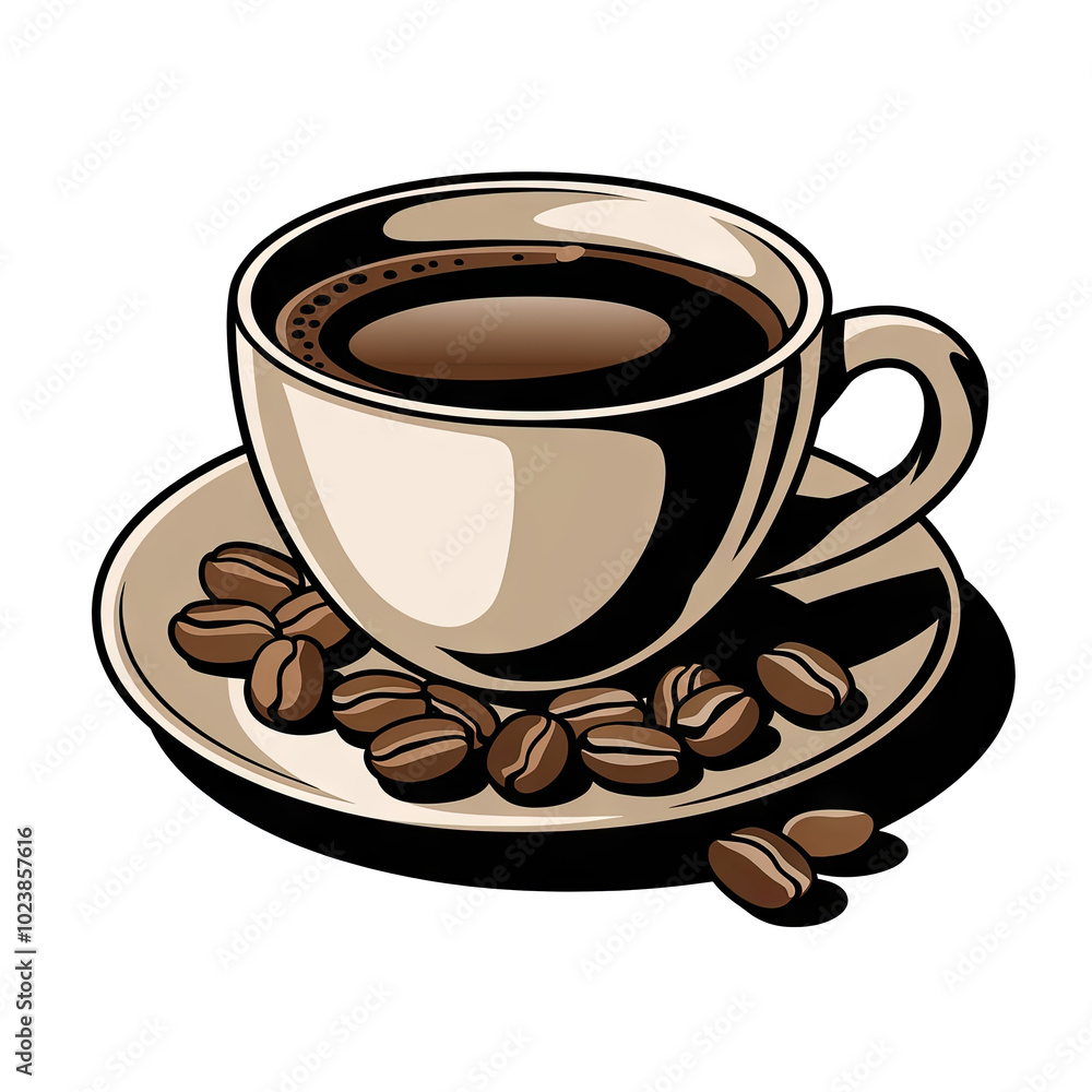 Obraz premium A clipart illustration of a cup of coffee. The cup is filled with coffee. The cup is on a plate.