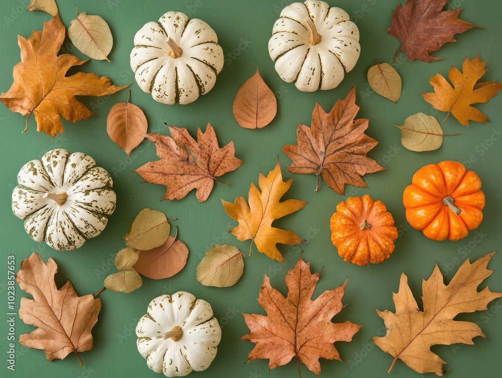 Fototapeta premium Pumpkins and dried leaves on a green backdrop