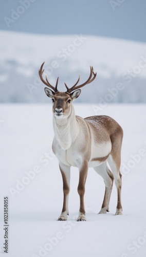 Solitary caribou stands against snowy backdrop as gentle snowfall descends