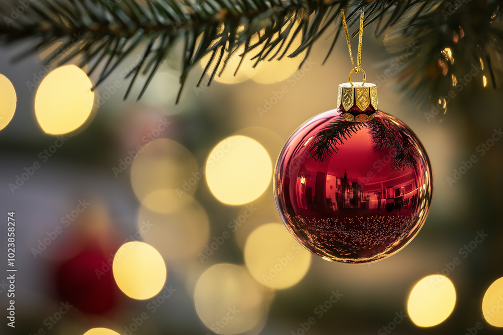 Red Christmas ornament hanging on pine branch with beautiful bokeh lights in background. Ideal for holiday decor, festive designs, and seasonal greeting cards. Red Christmas ornament hanging on pine branch with beautiful bokeh lights in background. Ideal for holiday decor, festive designs, and seasonal greeting cards.