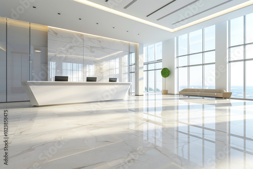 Corporate Lobby with a Sleek Reception Desk and Polished Finishes