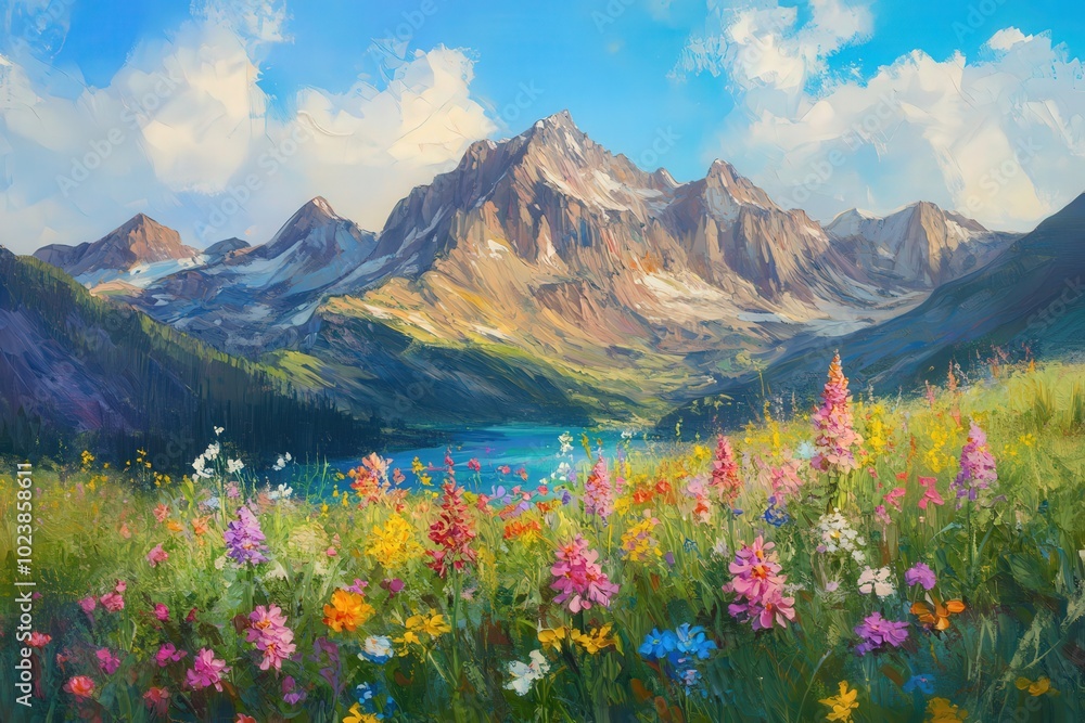 A painting of a mountain range with a lake and a field of flowers, generative ai image A painting of a mountain range with a lake and a field of flowers, generative ai image