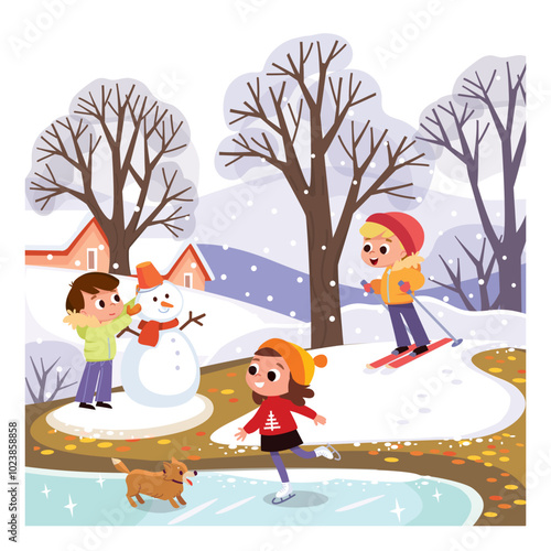 Christmas activities.Child skiing, a boy making a snowman, a girl ice skating. Children spare time outdoors in winter. Winter scene. Snowy landscape with people.