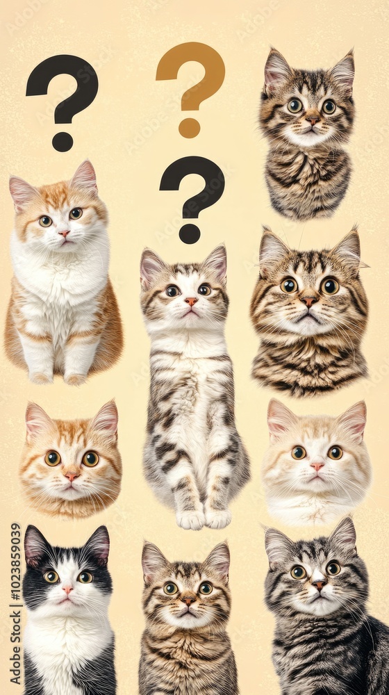Fototapeta premium A group of four cats illustrates curiosity, each with distinct fur patterns, as whimsical question marks hover above them, creating a playful and engaging atmosphere