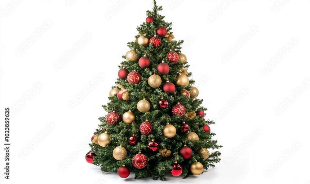 A Christmas tree with red and gold ornaments sits in front of a white background A Christmas tree with red and gold ornaments sits in front of a white background