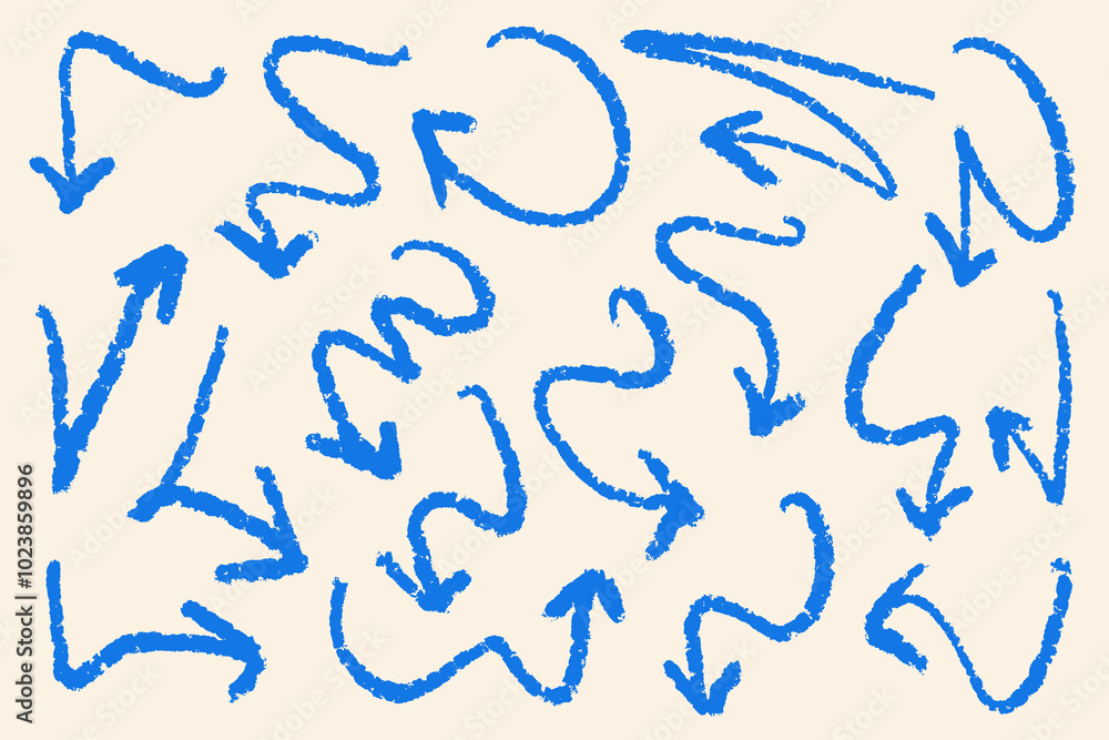 Hand drawn arrows with chalk effect. Set of doodle arrows with grunge edges. Collection of colorful blue hand free curved lines and pointers. Hand drawn arrows with chalk effect. Set of doodle arrows with grunge edges. Collection of colorful blue hand free curved lines and pointers.