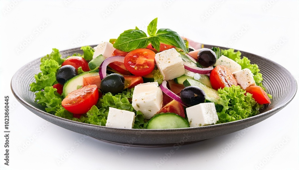 Delicious Greek salad with olive and cheese and tomato and mediterranean sauce with lettuce and cucumber on a plate; food photography; a healthy plate of Greek salad on a plate with white background Delicious Greek salad with olive and cheese and tomato and mediterranean sauce with lettuce and cucumber on a plate; food photography; a healthy plate of Greek salad on a plate with white background
