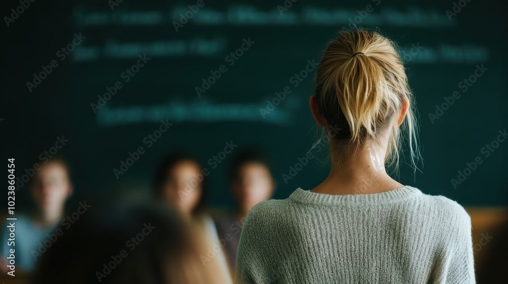 A woman in a cozy sweater is standing with her back to the camera as she addresses students in a classroom, highlighting learning and dedication in education. A woman in a cozy sweater is standing with her back to the camera as she addresses students in a classroom, highlighting learning and dedication in education.