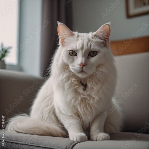 A graceful white cat named Snowy sits calmly on a cozy sofa, her striking green eyes glowing with curiosity. Her soft fur gleams in the gentle light, creating a serene and elegant scene.