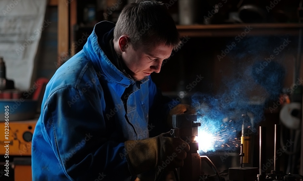 A man in a blue jacket is welding a metal pipe A man in a blue jacket is welding a metal pipe
