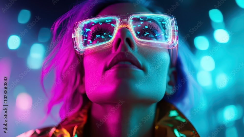 A woman with futuristic glasses reflecting neon lights, set against a vibrant background, creating a sense of modernity and dreamlike atmosphere. A woman with futuristic glasses reflecting neon lights, set against a vibrant background, creating a sense of modernity and dreamlike atmosphere.