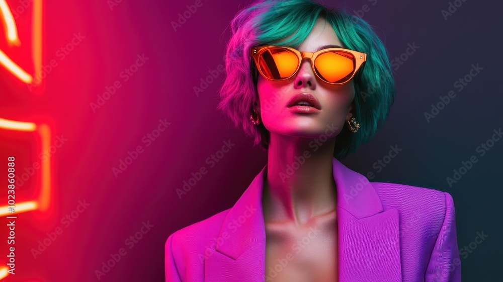A stylish woman with green hair and orange sunglasses poses confidently in a neon-lit setting, capturing a bold and edgy contemporary style.