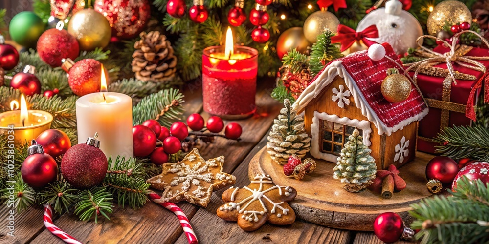 A cozy Christmas holiday setting with a gingerbread house, candles, and festive decorations on a wooden table A cozy Christmas holiday setting with a gingerbread house, candles, and festive decorations on a wooden table