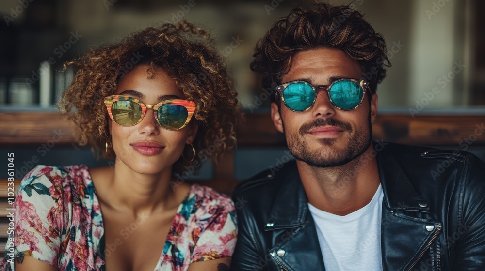 A trendy couple wearing reflective sunglasses and floral outfits poses together, exuding confidence and contemporary style, with a focus on bold fashion. A trendy couple wearing reflective sunglasses and floral outfits poses together, exuding confidence and contemporary style, with a focus on bold fashion.