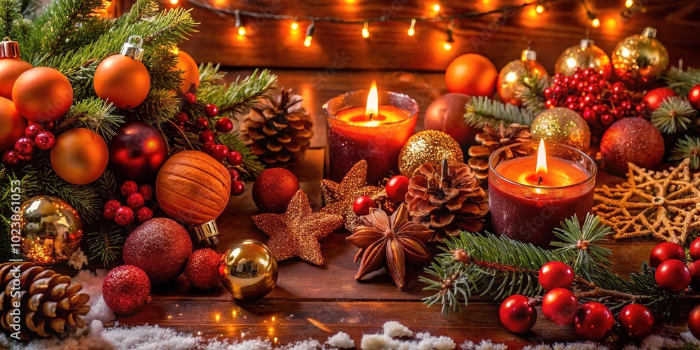Festive holiday decorations with candles and ornaments creating a cozy atmosphere for Christmas celebrations Festive holiday decorations with candles and ornaments creating a cozy atmosphere for Christmas celebrations