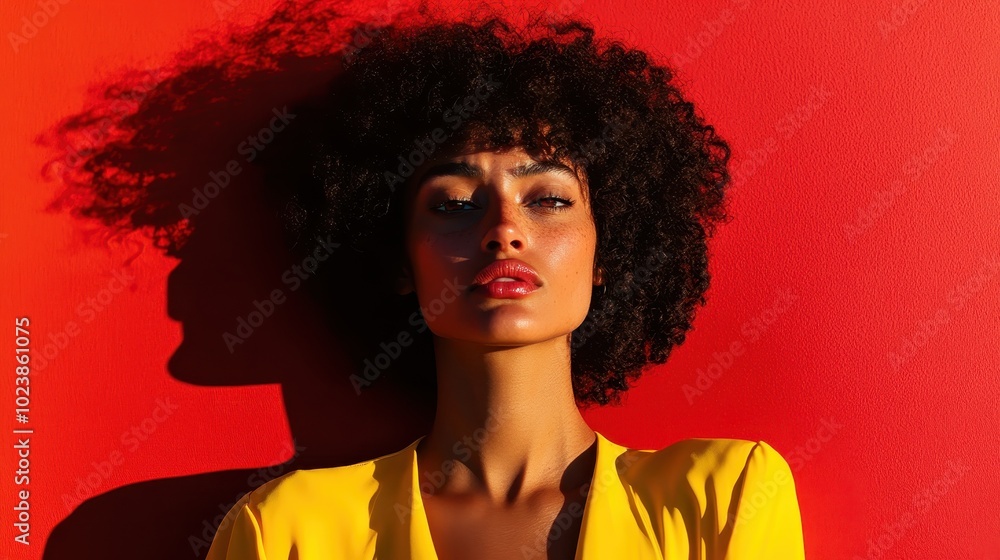 A striking woman sporting a bold afro stands confidently before a bright red backdrop, her poised demeanor and stylish yellow blouse highlighting elegance. A striking woman sporting a bold afro stands confidently before a bright red backdrop, her poised demeanor and stylish yellow blouse highlighting elegance.