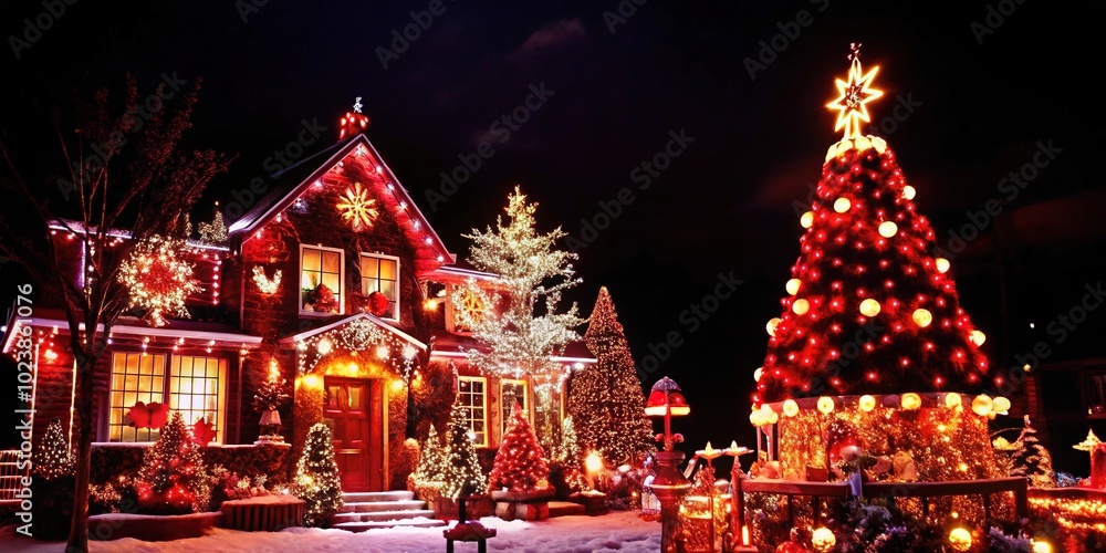 Fototapeta premium A beautifully decorated home with festive lights and a Christmas tree during a snowy holiday evening