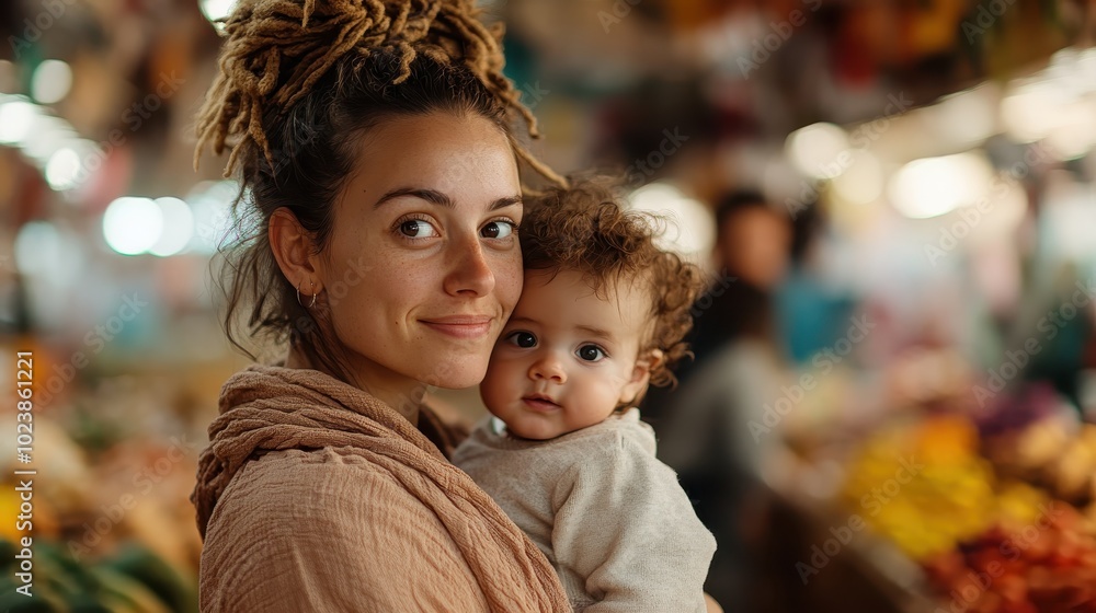 A serene moment between a mother and her baby, sharing smiles as they explore a bustling market scene, radiating warmth and maternal connection. A serene moment between a mother and her baby, sharing smiles as they explore a bustling market scene, radiating warmth and maternal connection.