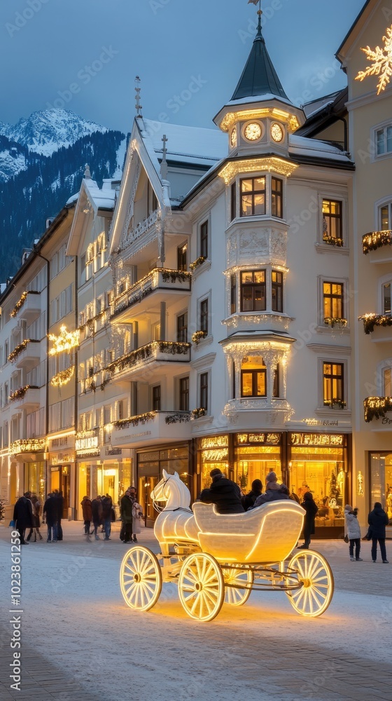 Obraz premium Visitors gather to take pictures in front of a stunning ice sculpture of a carriage and horses in the snowy landscape, under a starry night