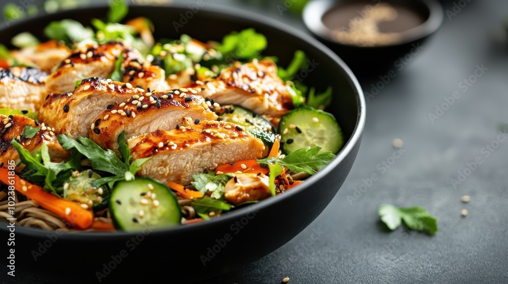 A vibrant Asian chicken salad in a black bowl featuring grilled chicken slices, fresh greens, cucumber, and sesame seeds, creating a healthy and flavorful meal. A vibrant Asian chicken salad in a black bowl featuring grilled chicken slices, fresh greens, cucumber, and sesame seeds, creating a healthy and flavorful meal.