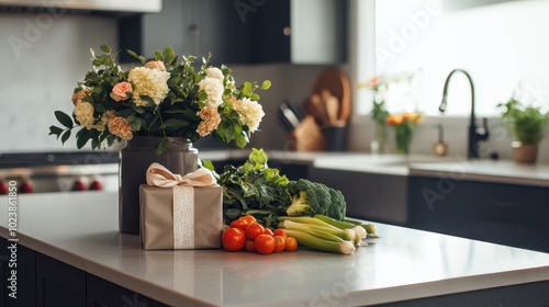 Bountiful Kitchen Still Life with Flowers and Fresh Produce