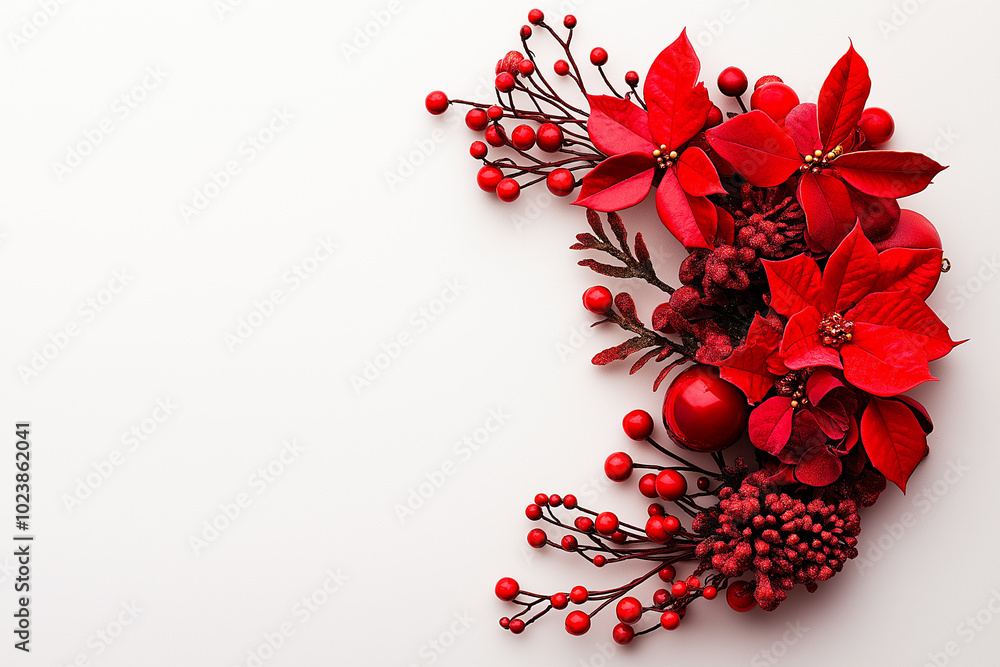 Red poinsettia flowers and berries arranged on white background. Ideal for Christmas decor, festive floral designs, and holiday greeting cards. Red poinsettia flowers and berries arranged on white background. Ideal for Christmas decor, festive floral designs, and holiday greeting cards.