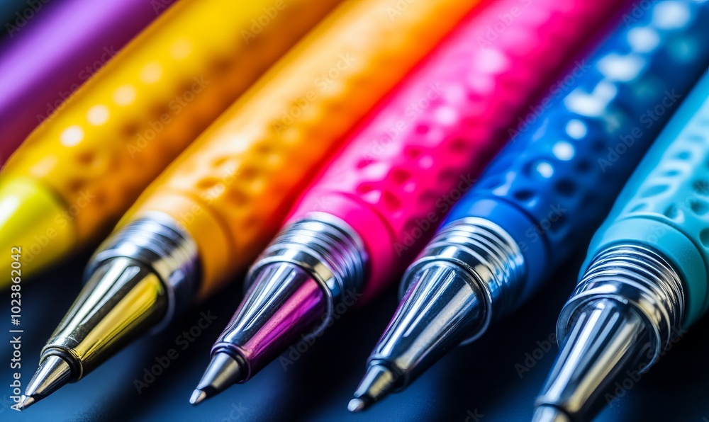 A close-up shot of colorful pens, showcasing their vibrant hues and sleek design, perfect for advertising and business needs A close-up shot of colorful pens, showcasing their vibrant hues and sleek design, perfect for advertising and business needs