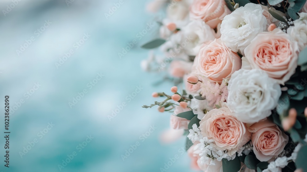 A romantic bouquet of roses and peonies showcased with a backdrop of soft blue hues, creating a calm and serene atmosphere suitable for weddings and celebrations. A romantic bouquet of roses and peonies showcased with a backdrop of soft blue hues, creating a calm and serene atmosphere suitable for weddings and celebrations.