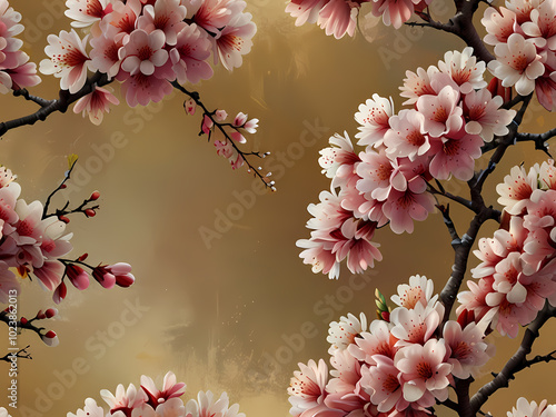 A breathtaking, ultra-high-resolution illustration of a whimsical cherry blossom blizzard, set against a lavish golden background that gradates from soft, creamy hues to rich, burnished tones photo