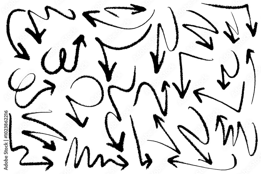 Arrows with grunge lines. Hand drawn set of doodle arrow icons. Collection of hand free curved lines and pointers. Arrows with grunge lines. Hand drawn set of doodle arrow icons. Collection of hand free curved lines and pointers.