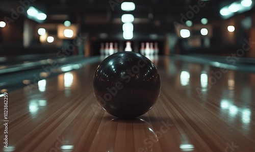 A close-up view of a black bowling ball resting on polished wooden lanes during a quiet bowling night at a local alley