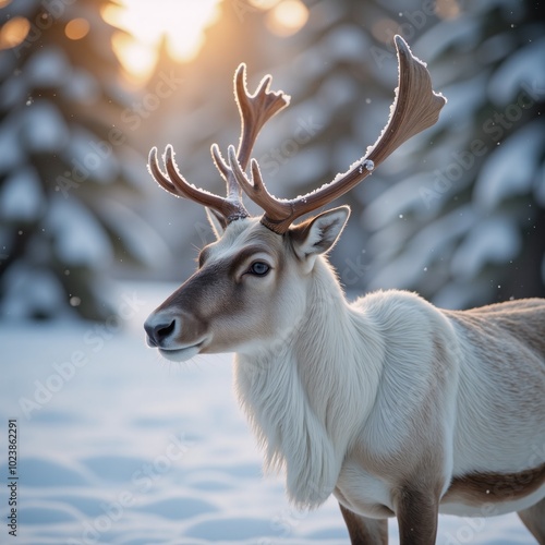 Serene Winter Scene Majestic Reindeer amidst Snowfall