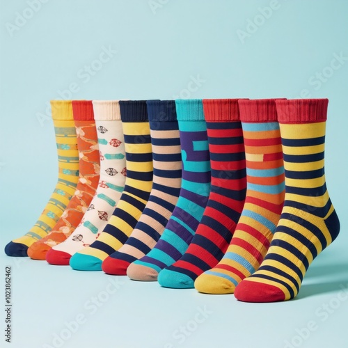 Striped socks displayed neatly in rows Vibrant Playful