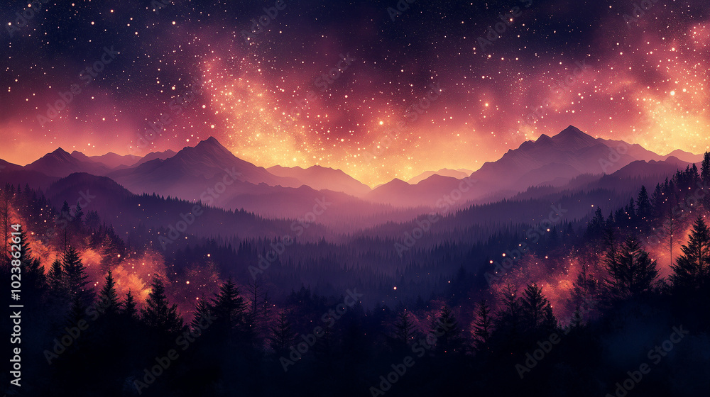 Stunning Starry Night Over Mountain Forest with Fiery Sky Stunning Starry Night Over Mountain Forest with Fiery Sky