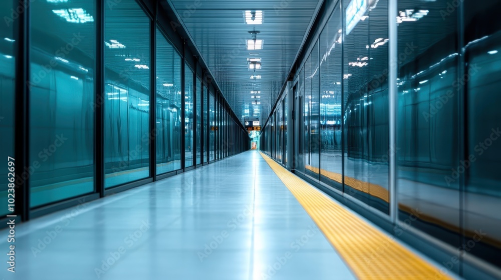 A sleek corridor leads to a modern subway platform, showcasing a futuristic architectural style with reflective surfaces and vibrant lighting, emphasizing efficiency. A sleek corridor leads to a modern subway platform, showcasing a futuristic architectural style with reflective surfaces and vibrant lighting, emphasizing efficiency.