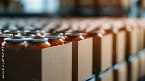 A collection of jars filled with tomato sauce is packed neatly in cardboard boxes, highlighting themes of production, food preservation, and meticulous storage systems. photo