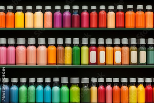 A row of colorful bottles on a shelf