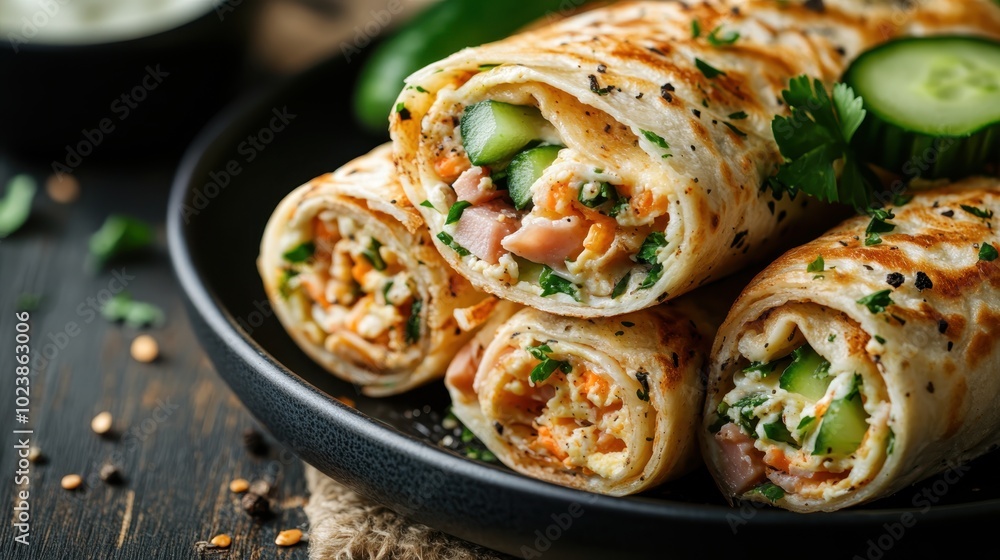 Intriguing wraps loaded with cucumbers, filling, and sprinkled herbs neatly arranged in a black bowl, providing an eye-catching savory meal ready to be enjoyed. Intriguing wraps loaded with cucumbers, filling, and sprinkled herbs neatly arranged in a black bowl, providing an eye-catching savory meal ready to be enjoyed.