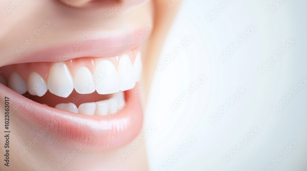 Fototapeta premium Closeup of a womans toothy smile with bright white teeth and pink lips against a white background
