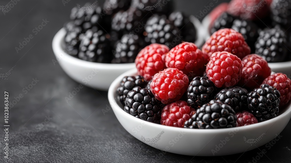 Vibrant image showcasing fresh red raspberries and blackberries served in white bowls, highlighting their rich colors and textures on a sleek black surface. Vibrant image showcasing fresh red raspberries and blackberries served in white bowls, highlighting their rich colors and textures on a sleek black surface.