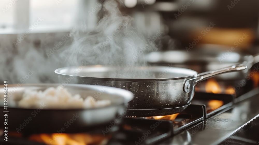 Close-up of kitchen stove with boiling water in pans, emitting steam, capturing the dynamic and essential aspects of cooking and culinary preparation. Close-up of kitchen stove with boiling water in pans, emitting steam, capturing the dynamic and essential aspects of cooking and culinary preparation.